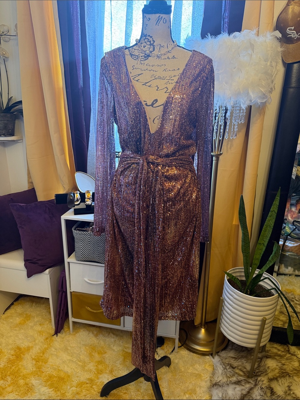 Fashion Nova Rose Gold Sequin Wrap Maxi Dress with Tie